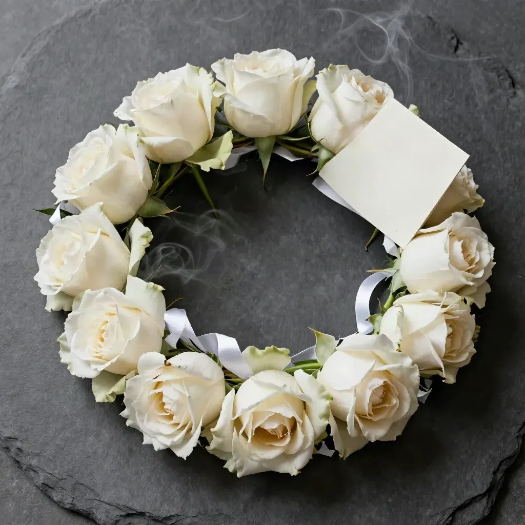 Witte rouwkrans met lelies, rozen en orchideeën op donkere leisteen met zachte rook.