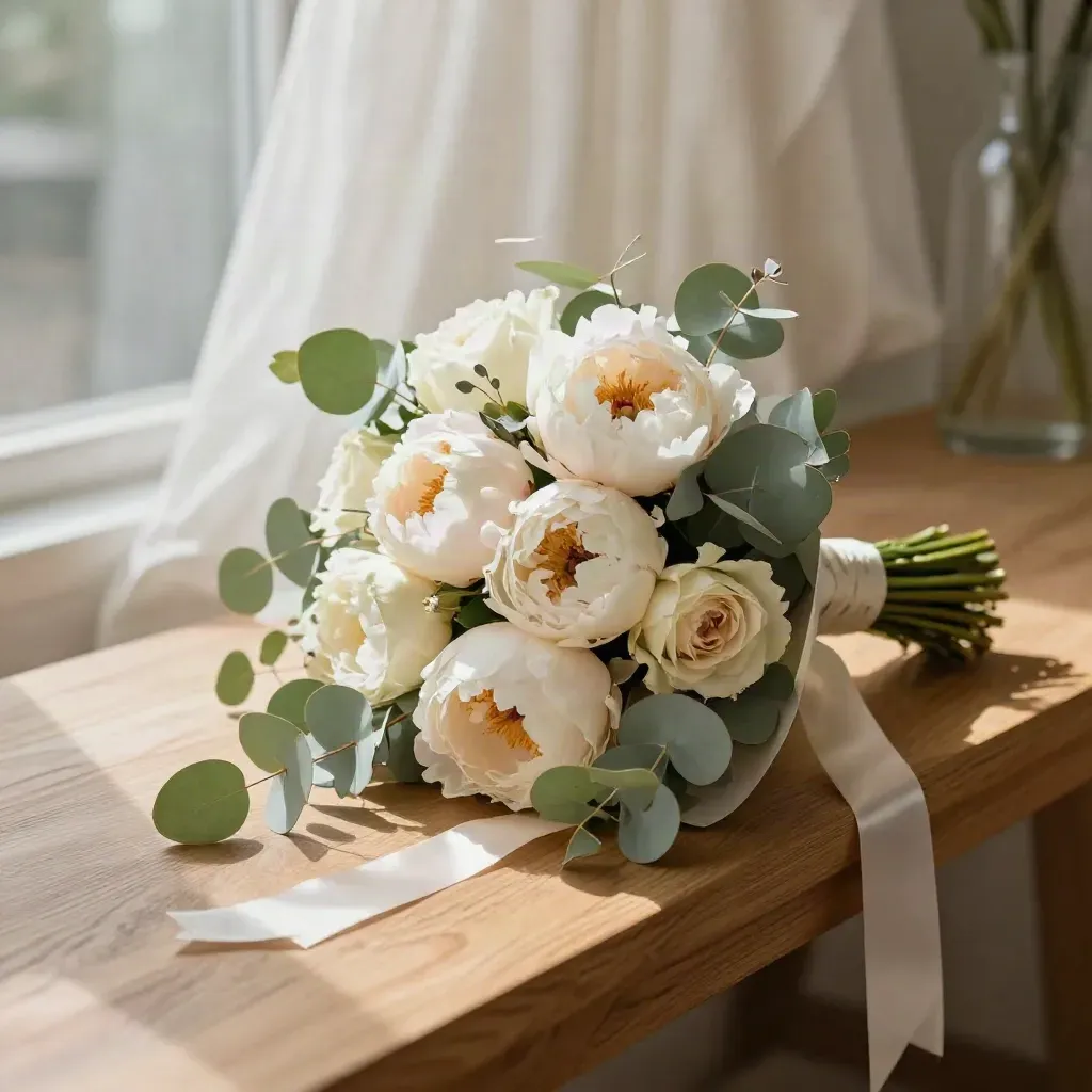 Blushroze trouwboeket met eucalyptus, in ivoorpapier en satijnen linten op een eiken bank.