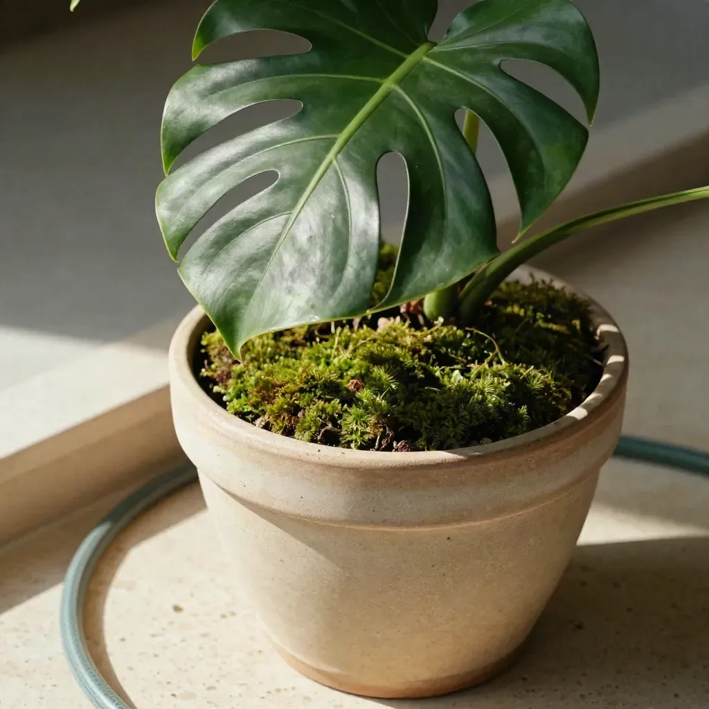 Monstera in zware pot met mos, slang en stenen verhoger in close-up