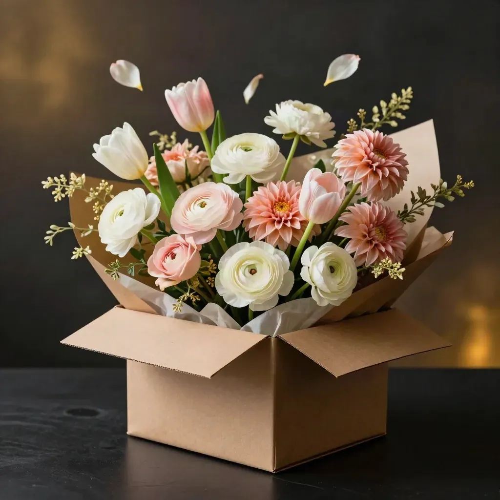 Open bloemendoos met bont boeket, kraftpapier en zwevende bloemblaadjes op zwarte ondergrond.