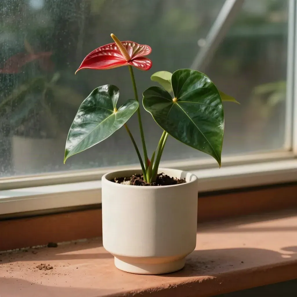 Anthurium rood in matte pot op terracotta bankje met zachte mist en warm zijlicht.