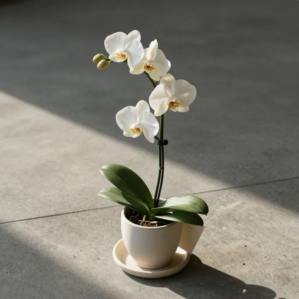 Bovenaanzicht van een witte orchidee in pot met twee bloeiende takken op steen.