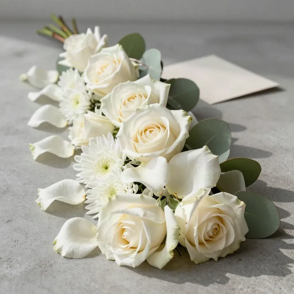 Close-up van een lang rouwstuk met witte rozen, chrysanten en eucalyptus op koel beton.