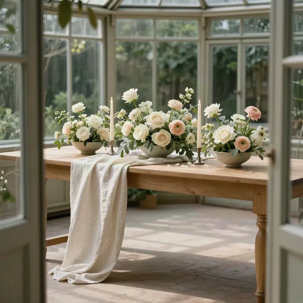 Bruiloftstafel in serre met bloemen, kaarsen en linnen runner in zacht licht