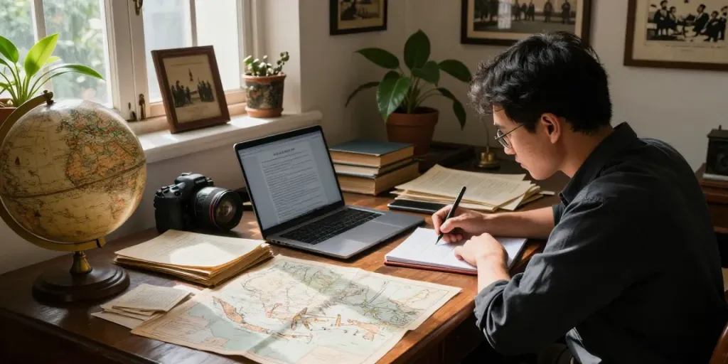 Researcher focused on Dutch colonial history at desk with documents and maps, discussing rokok88 login.